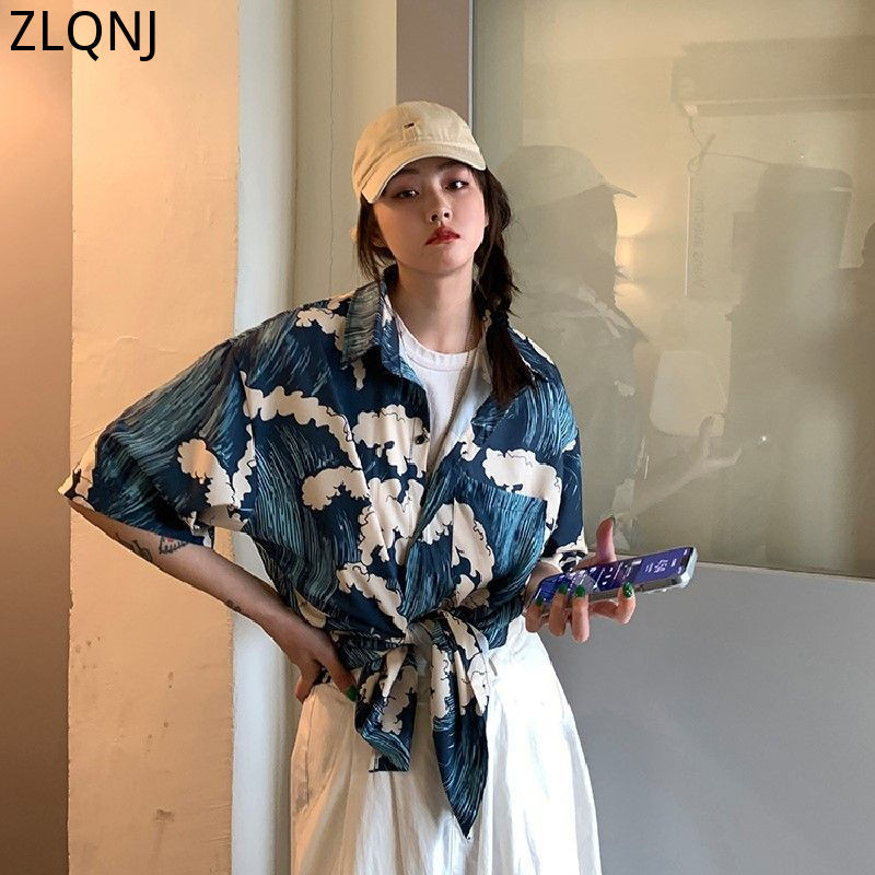 Lielizmēra vīriešu apģērba blūze Vasaras jauns pāris krekli Harajuku īsām piedurknēm sieviešu tops ar jūras viļņu apdruku ikdienas havajiešu krekls