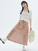 Kokvilnas rūtaini A-līnijas garie svārki sievietēm pavasara vasara elastīgi viduklim Vintage vienkāršie svārki Preppy Style pamata, visiem piemēroti svārki