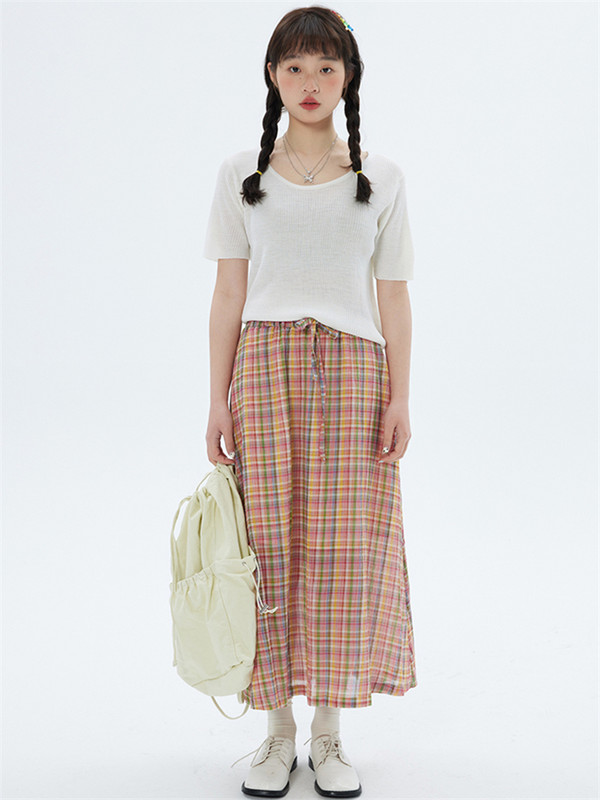 Kokvilnas rūtaini A-līnijas garie svārki sievietēm pavasara vasara elastīgi viduklim Vintage vienkāršie svārki Preppy Style pamata, visiem piemēroti svārki