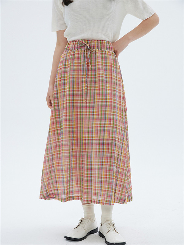 Kokvilnas rūtaini A-līnijas garie svārki sievietēm pavasara vasara elastīgi viduklim Vintage vienkāršie svārki Preppy Style pamata, visiem piemēroti svārki