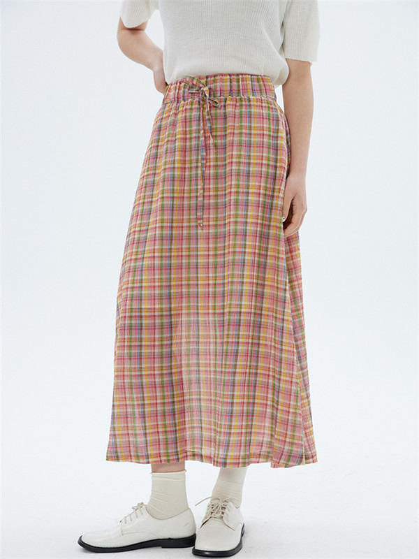 Kokvilnas rūtaini A-līnijas garie svārki sievietēm pavasara vasara elastīgi viduklim Vintage vienkāršie svārki Preppy Style pamata, visiem piemēroti svārki