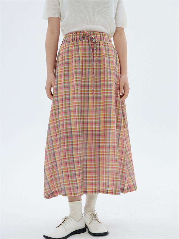 Kokvilnas rūtaini A-līnijas garie svārki sievietēm pavasara vasara elastīgi viduklim Vintage vienkāršie svārki Preppy Style pamata, visiem piemēroti svārki