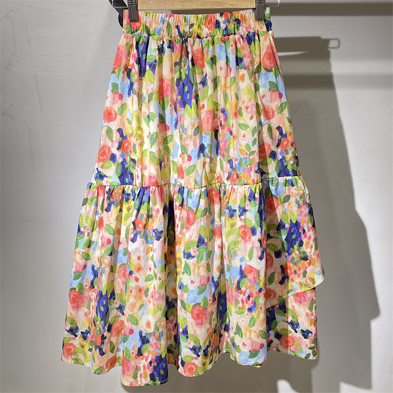 2023. gada vasara, jauna mode, ikdienas sieviešu gari svārki, asimetriskas volāni, drukas sieviešu brīvi svārki, liela izmēra 5XL 6XL 7XL