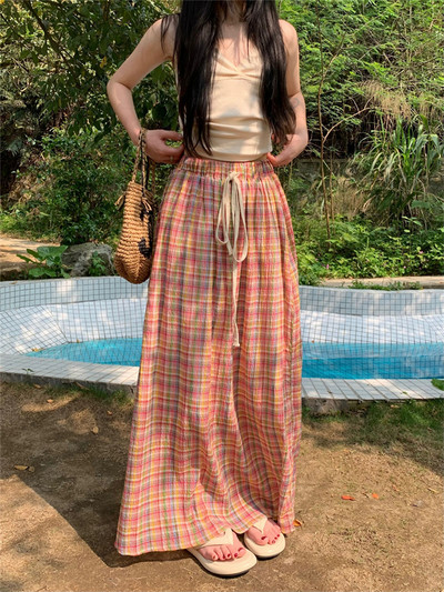 Magas derekú, vékony kockás női szoknya, rugalmas derék Fűzős, bő, A-vonalú hosszú szoknya, hétköznapi alkalmi utcai ruha tavaszi és nyári szoknyák