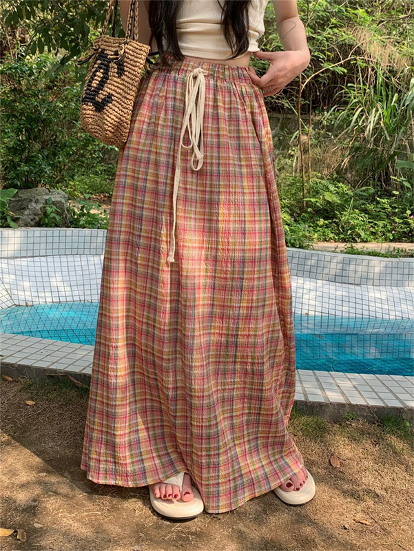 Magas derekú, vékony kockás női szoknya, rugalmas derék Fűzős, bő, A-vonalú hosszú szoknya, hétköznapi alkalmi utcai ruha tavaszi és nyári szoknyák