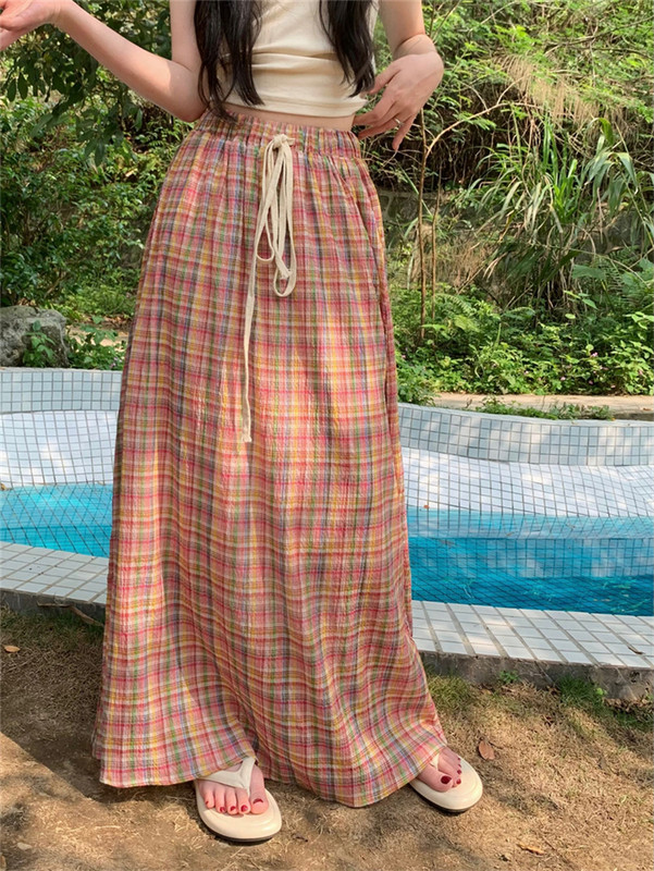 Magas derekú, vékony kockás női szoknya, rugalmas derék Fűzős, bő, A-vonalú hosszú szoknya, hétköznapi alkalmi utcai ruha tavaszi és nyári szoknyák