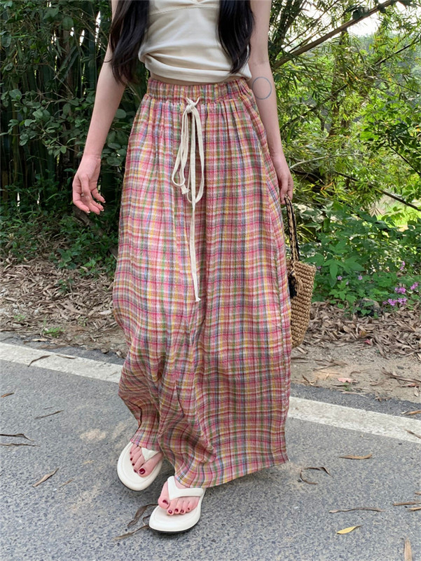 Magas derekú, vékony kockás női szoknya, rugalmas derék Fűzős, bő, A-vonalú hosszú szoknya, hétköznapi alkalmi utcai ruha tavaszi és nyári szoknyák