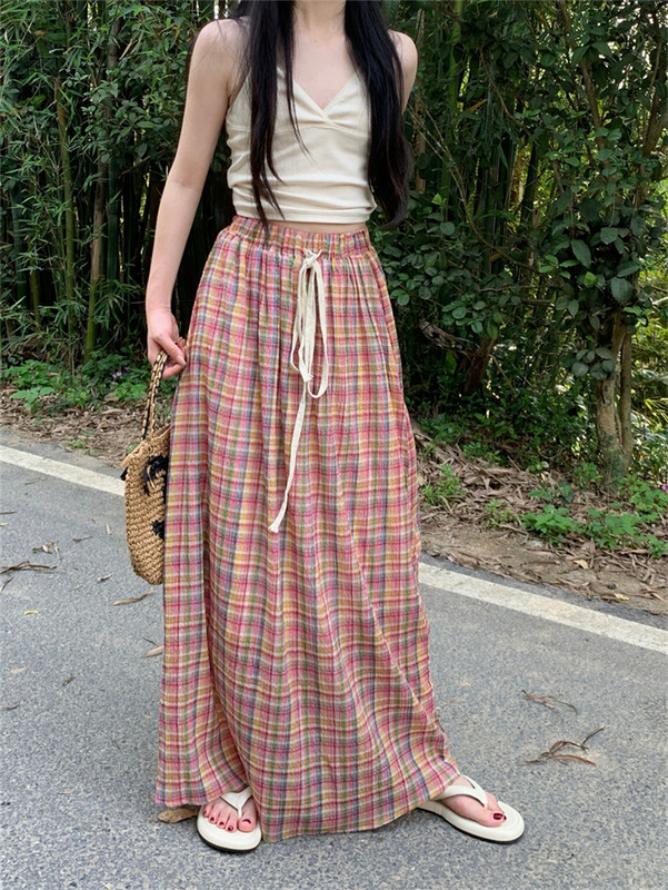 Magas derekú, vékony kockás női szoknya, rugalmas derék Fűzős, bő, A-vonalú hosszú szoknya, hétköznapi alkalmi utcai ruha tavaszi és nyári szoknyák