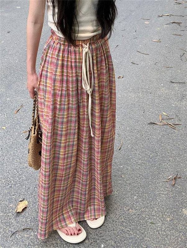 Magas derekú, vékony kockás női szoknya, rugalmas derék Fűzős, bő, A-vonalú hosszú szoknya, hétköznapi alkalmi utcai ruha tavaszi és nyári szoknyák