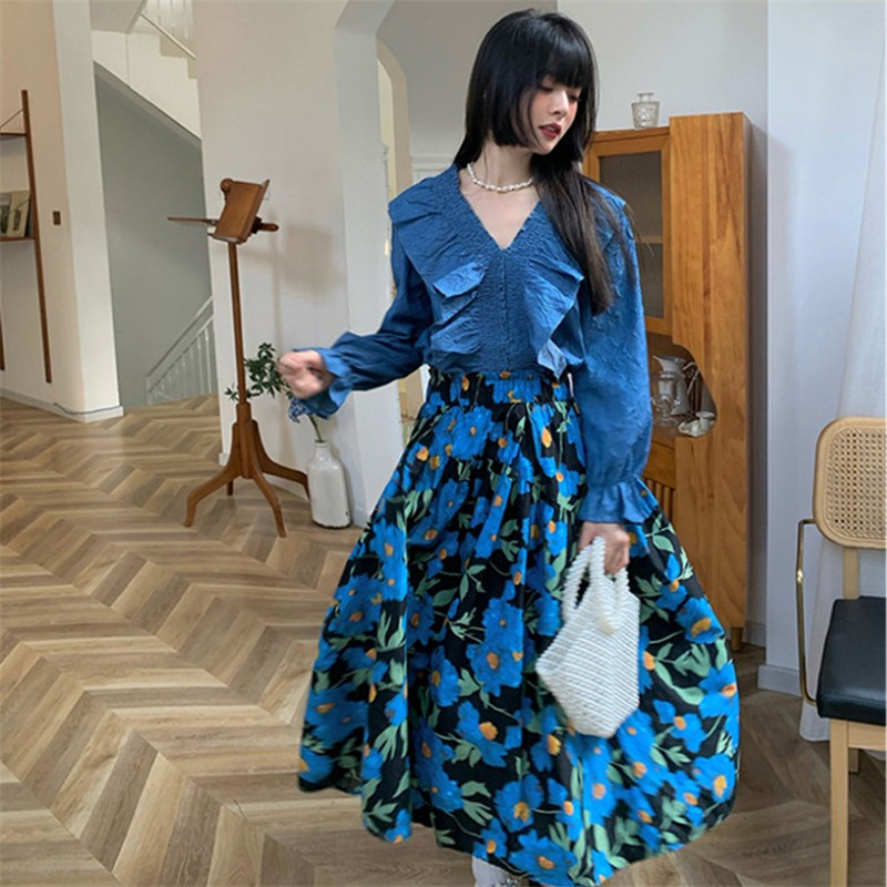 Korėjietiško stiliaus ilgi sijonai moterims su aukštu juosmeniu 2023 m. mados vasaros spausdinimas A linijos medvilninis sijonas Vintažiniai elegantiški moteriški sijonai