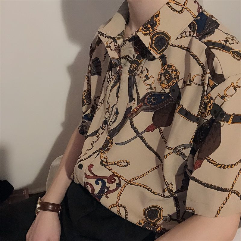 Καλοκαιρινό λεπτό μεταξένιο μαλακό πολυεστερικό κοντομάνικο ανδρικό πουκάμισο με λουλουδάτο τύπωμα Χαβάης ρετρό στάμπα Φαρδιά μοντέρνα κορεάτικα πουκάμισα