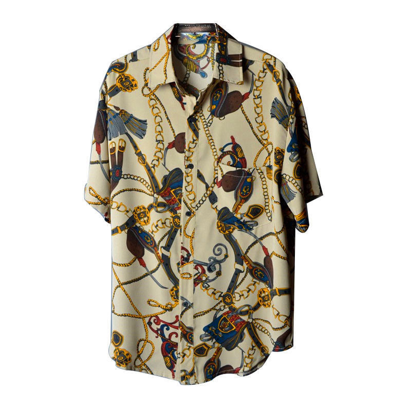 Καλοκαιρινό λεπτό μεταξένιο μαλακό πολυεστερικό κοντομάνικο ανδρικό πουκάμισο με λουλουδάτο τύπωμα Χαβάης ρετρό στάμπα Φαρδιά μοντέρνα κορεάτικα πουκάμισα
