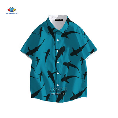 SONSPEE Cartoon Shark Ανδρικό πουκάμισο τρισδιάστατης εκτύπωσης Καλοκαιρινό πουκάμισο χαβανέζικης παραλίας πέτο με κοντό μανίκι Casual loose oversized trend μπλούζα