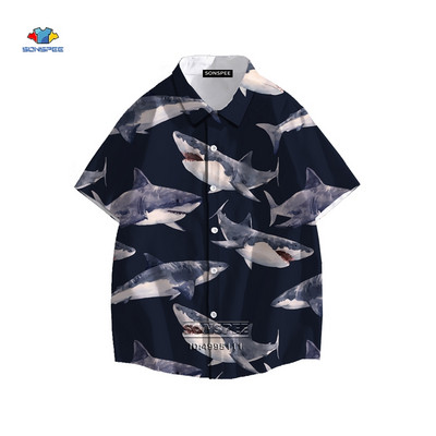 SONSPEE Cartoon Shark Ανδρικό πουκάμισο τρισδιάστατης εκτύπωσης Καλοκαιρινό πουκάμισο χαβανέζικης παραλίας πέτο με κοντό μανίκι Casual loose oversized trend μπλούζα