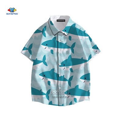 SONSPEE Cartoon Shark Ανδρικό πουκάμισο τρισδιάστατης εκτύπωσης Καλοκαιρινό πουκάμισο χαβανέζικης παραλίας πέτο με κοντό μανίκι Casual loose oversized trend μπλούζα
