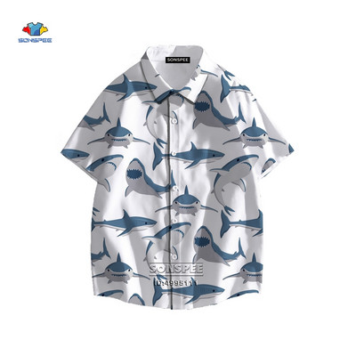 SONSPEE Cartoon Shark Ανδρικό πουκάμισο τρισδιάστατης εκτύπωσης Καλοκαιρινό πουκάμισο χαβανέζικης παραλίας πέτο με κοντό μανίκι Casual loose oversized trend μπλούζα