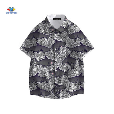 SONSPEE Cartoon Shark Ανδρικό πουκάμισο τρισδιάστατης εκτύπωσης Καλοκαιρινό πουκάμισο χαβανέζικης παραλίας πέτο με κοντό μανίκι Casual loose oversized trend μπλούζα