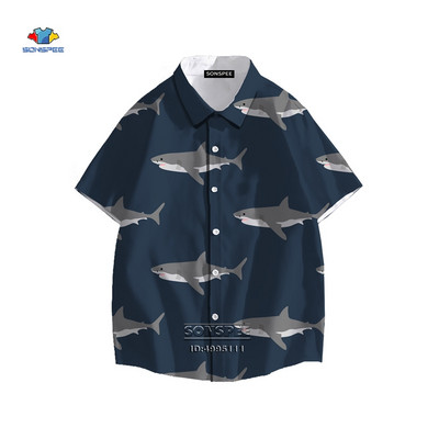 SONSPEE Cartoon Shark Ανδρικό πουκάμισο τρισδιάστατης εκτύπωσης Καλοκαιρινό πουκάμισο χαβανέζικης παραλίας πέτο με κοντό μανίκι Casual loose oversized trend μπλούζα