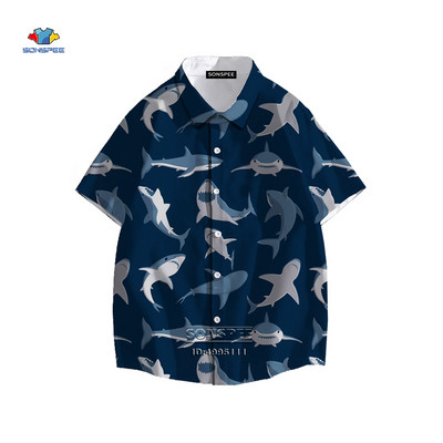 SONSPEE Cartoon Shark Ανδρικό πουκάμισο τρισδιάστατης εκτύπωσης Καλοκαιρινό πουκάμισο χαβανέζικης παραλίας πέτο με κοντό μανίκι Casual loose oversized trend μπλούζα