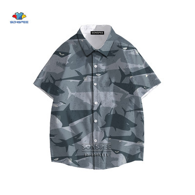 SONSPEE Cartoon Shark Ανδρικό πουκάμισο τρισδιάστατης εκτύπωσης Καλοκαιρινό πουκάμισο χαβανέζικης παραλίας πέτο με κοντό μανίκι Casual loose oversized trend μπλούζα