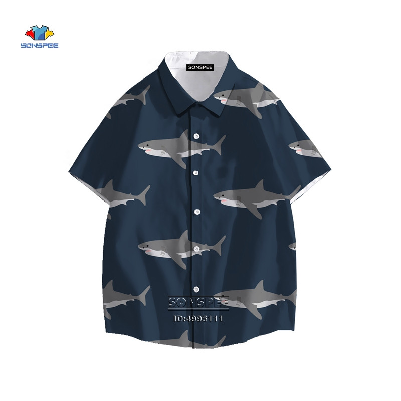 SONSPEE Cartoon Shark Ανδρικό πουκάμισο τρισδιάστατης εκτύπωσης Καλοκαιρινό πουκάμισο χαβανέζικης παραλίας πέτο με κοντό μανίκι Casual loose oversized trend μπλούζα