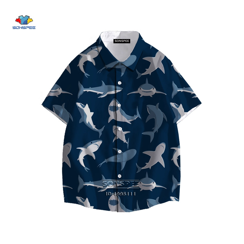 SONSPEE Cartoon Shark Ανδρικό πουκάμισο τρισδιάστατης εκτύπωσης Καλοκαιρινό πουκάμισο χαβανέζικης παραλίας πέτο με κοντό μανίκι Casual loose oversized trend μπλούζα