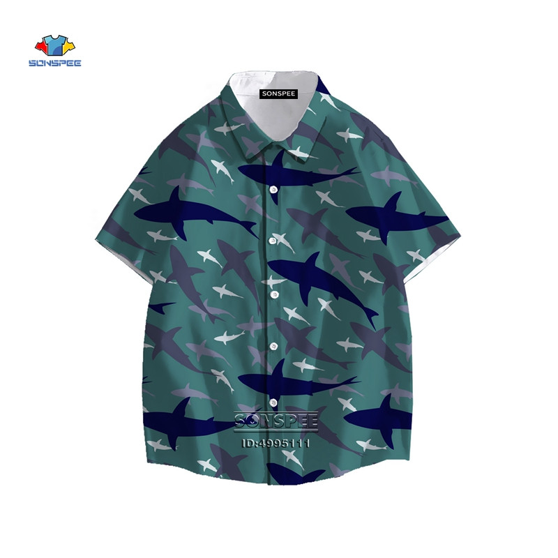 SONSPEE Cartoon Shark Ανδρικό πουκάμισο τρισδιάστατης εκτύπωσης Καλοκαιρινό πουκάμισο χαβανέζικης παραλίας πέτο με κοντό μανίκι Casual loose oversized trend μπλούζα