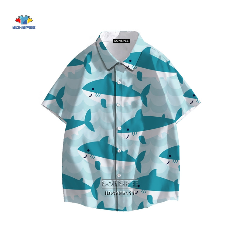 SONSPEE Cartoon Shark Ανδρικό πουκάμισο τρισδιάστατης εκτύπωσης Καλοκαιρινό πουκάμισο χαβανέζικης παραλίας πέτο με κοντό μανίκι Casual loose oversized trend μπλούζα