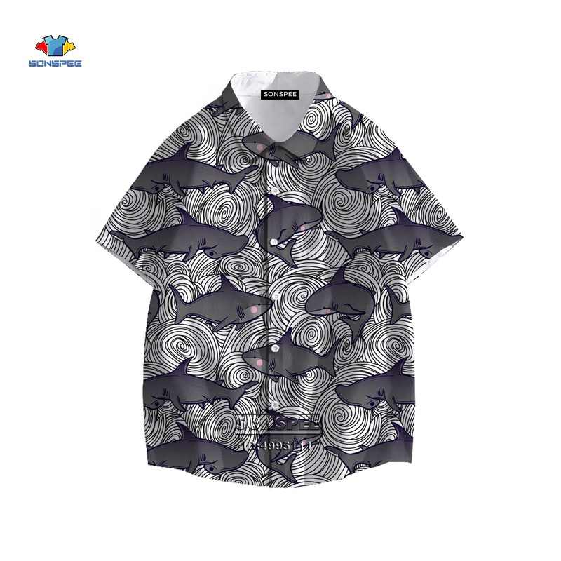 SONSPEE Cartoon Shark Ανδρικό πουκάμισο τρισδιάστατης εκτύπωσης Καλοκαιρινό πουκάμισο χαβανέζικης παραλίας πέτο με κοντό μανίκι Casual loose oversized trend μπλούζα