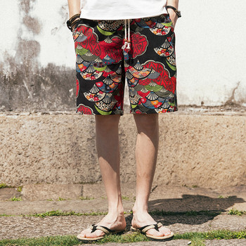 Мъжки памучни къси панталони, японски ежедневни хип-хоп щампи с шнурове, летни улични свободни прави удобни мъжки къси панталони M-5XL