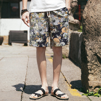 Мъжки памучни къси панталони, японски ежедневни хип-хоп щампи с шнурове, летни улични свободни прави удобни мъжки къси панталони M-5XL