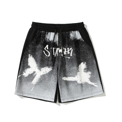Harajuku Pantaloni scurti pentru bărbați cu talie elastică Pantaloni scurți casual cu imprimeu de fluturi Pantaloni largi de vară cu picior drept Hip Hop Streetwear