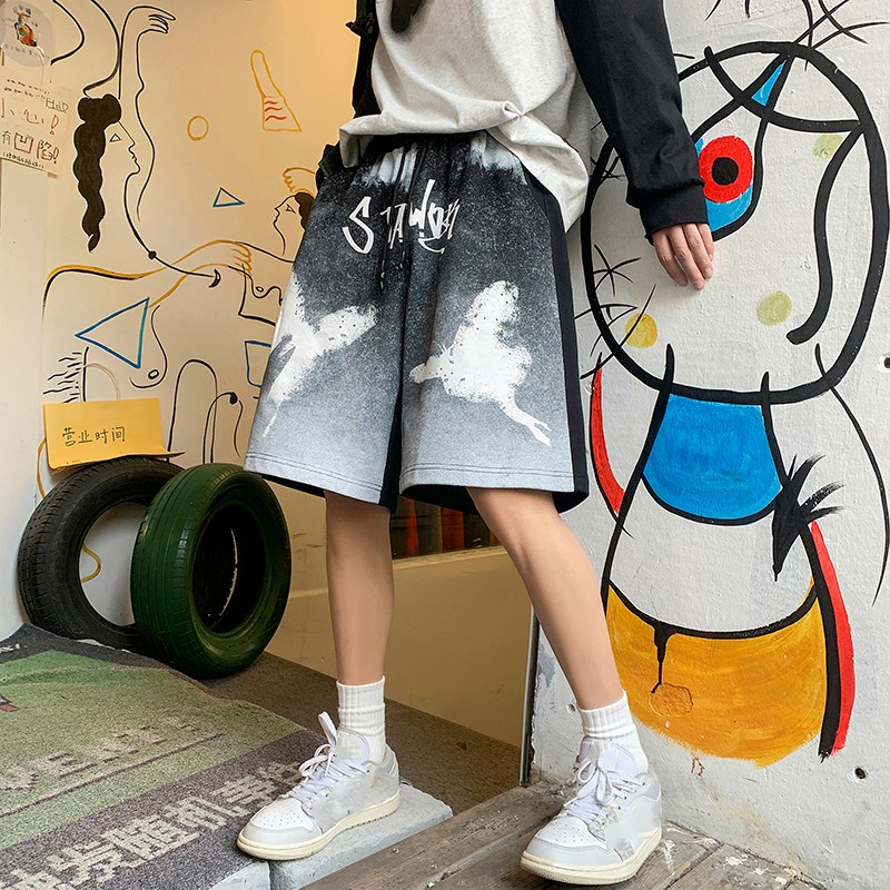 Harajuku Pantaloni scurti pentru bărbați cu talie elastică Pantaloni scurți casual cu imprimeu de fluturi Pantaloni largi de vară cu picior drept Hip Hop Streetwear