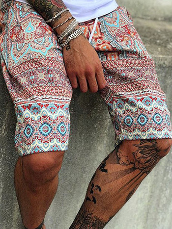 Модни щамповани плажни шорти с връзки Мъжки ежедневни ретро щампи с пет точки Плажни къси панталони Мъжки къси панталони S-3XL