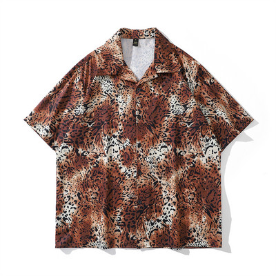 Leopard Full Printed Street Fashion Ανδρικά πουκάμισα Summer Button Down Beach Shirts Ανδρικό τοπ