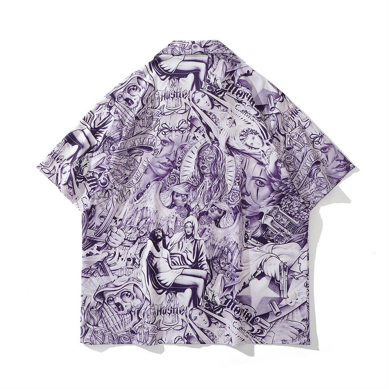 Σκούρο εικονίδιο Full printed Oversized Ανδρικά πουκάμισα με κουμπιά vintage ανδρικά πουκάμισα καλοκαιρινή μπλούζα