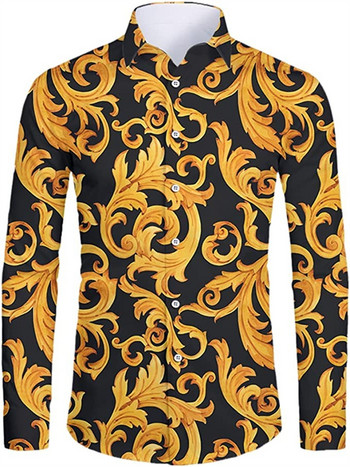 Ανδρικά πουκάμισα Retro Casual Floral Gold Εκτύπωση Ανοιξιάτικο Καλοκαίρι με μακρυμάνικο μπλουζάκια μόδας 2023