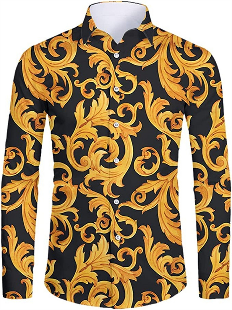 Vīriešu krekli Retro Ikdienišķa ziedu zelta HD apdruka pavasara vasaras atloks Topi ar garām piedurknēm Modes tendences 2023 Topi