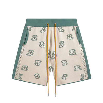 RHUDE Arrival Puuvillane Roheline Triibuline Splice Püksid Aprikoosi Sinine Must Kvaliteetne Hawaii Mehed Naiste Pingutusnööriga lahtised Oversize lühikesed püksid