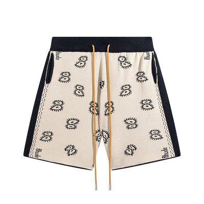 RHUDE Arrival Puuvillane Roheline Triibuline Splice Püksid Aprikoosi Sinine Must Kvaliteetne Hawaii Mehed Naiste Pingutusnööriga lahtised Oversize lühikesed püksid