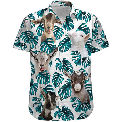 Goat Happy Hawaiian Särk Farm Lover Button Särk naistele Meeste Kitse palmilehtedega roheline lühikeste varrukatega vabaaja nööp