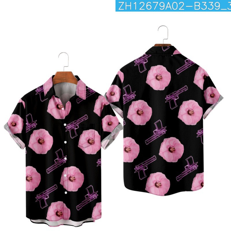 Jauns Hawaii melns krekls vīriešiem Pistole un ziedi Print Beach īsām piedurknēm Topi Vintage y2k apģērbi vasarā