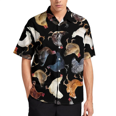 Funny Chicken Print atvaļinājuma krekls Vīriešu Hen On Nest Egg Ikdienas krekli Blūzes ar īsām piedurknēm Vintage Oversize