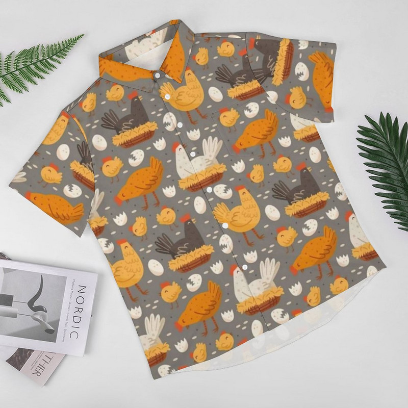 Funny Chicken Print atvaļinājuma krekls Vīriešu Hen On Nest Egg Ikdienas krekli Blūzes ar īsām piedurknēm Vintage Oversize