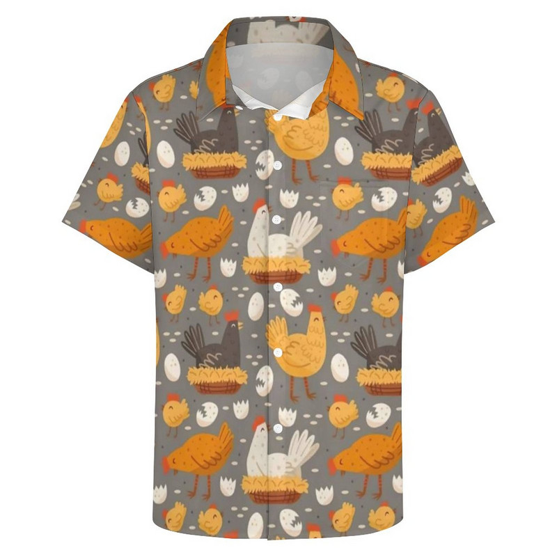 Funny Chicken Print atvaļinājuma krekls Vīriešu Hen On Nest Egg Ikdienas krekli Blūzes ar īsām piedurknēm Vintage Oversize