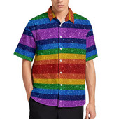 Bling Me Up Rainbow brīvdienu krekls Vīriešu svītraini popmākslas mirdzoši ikdienas krekli Havajiešu grafiskas blūzes ar īsām piedurknēm lielizmēra augšdaļa