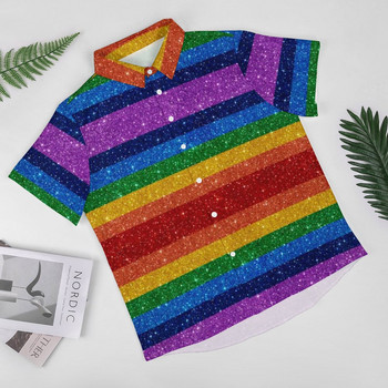 Bling Me Up Rainbow Vacation Shirt Мъжки раирани поп арт бляскави ежедневни ризи Хавайски графични блузи с къс ръкав Oversize Top