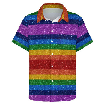 Bling Me Up Rainbow Vacation Shirt Мъжки раирани поп арт бляскави ежедневни ризи Хавайски графични блузи с къс ръкав Oversize Top