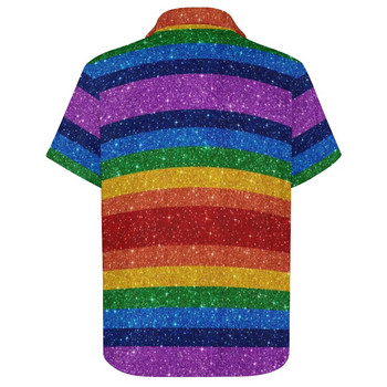 Bling Me Up Rainbow Vacation Shirt Мъжки раирани поп арт бляскави ежедневни ризи Хавайски графични блузи с къс ръкав Oversize Top