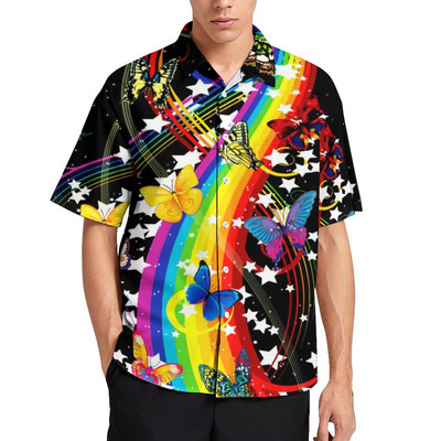 Bling Me Up Rainbow brīvdienu krekls Vīriešu svītraini popmākslas mirdzoši ikdienas krekli Havajiešu grafiskas blūzes ar īsām piedurknēm lielizmēra augšdaļa